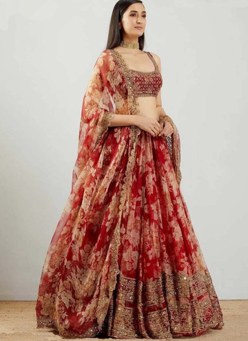Pleasing Red Floral Printed Embroidered Lehenga Choli